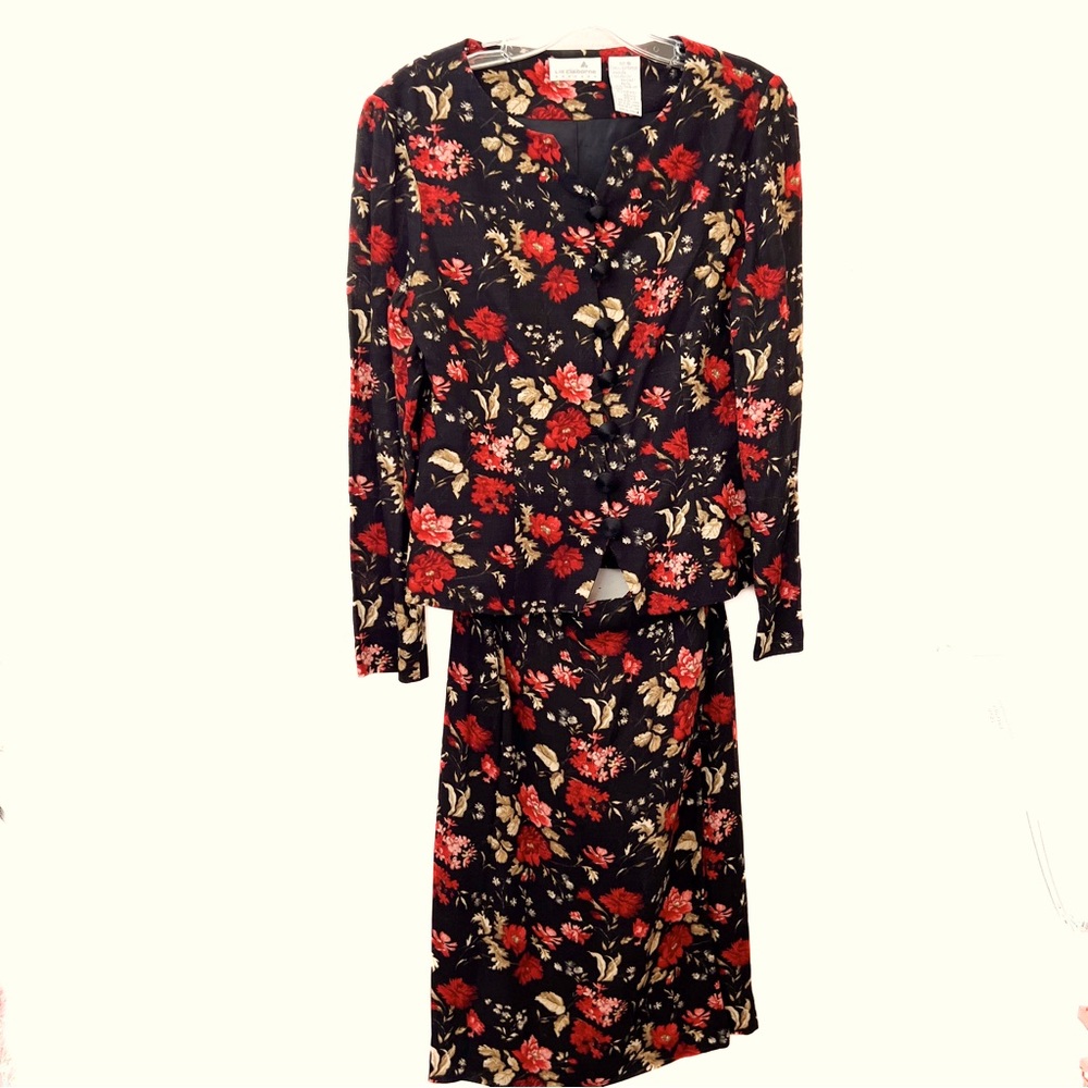 LIZ CLAIBORNE Vintage Skirt Set Black w Flowers Button Top Straight Skirt Size 8 - Picture 1 of 12